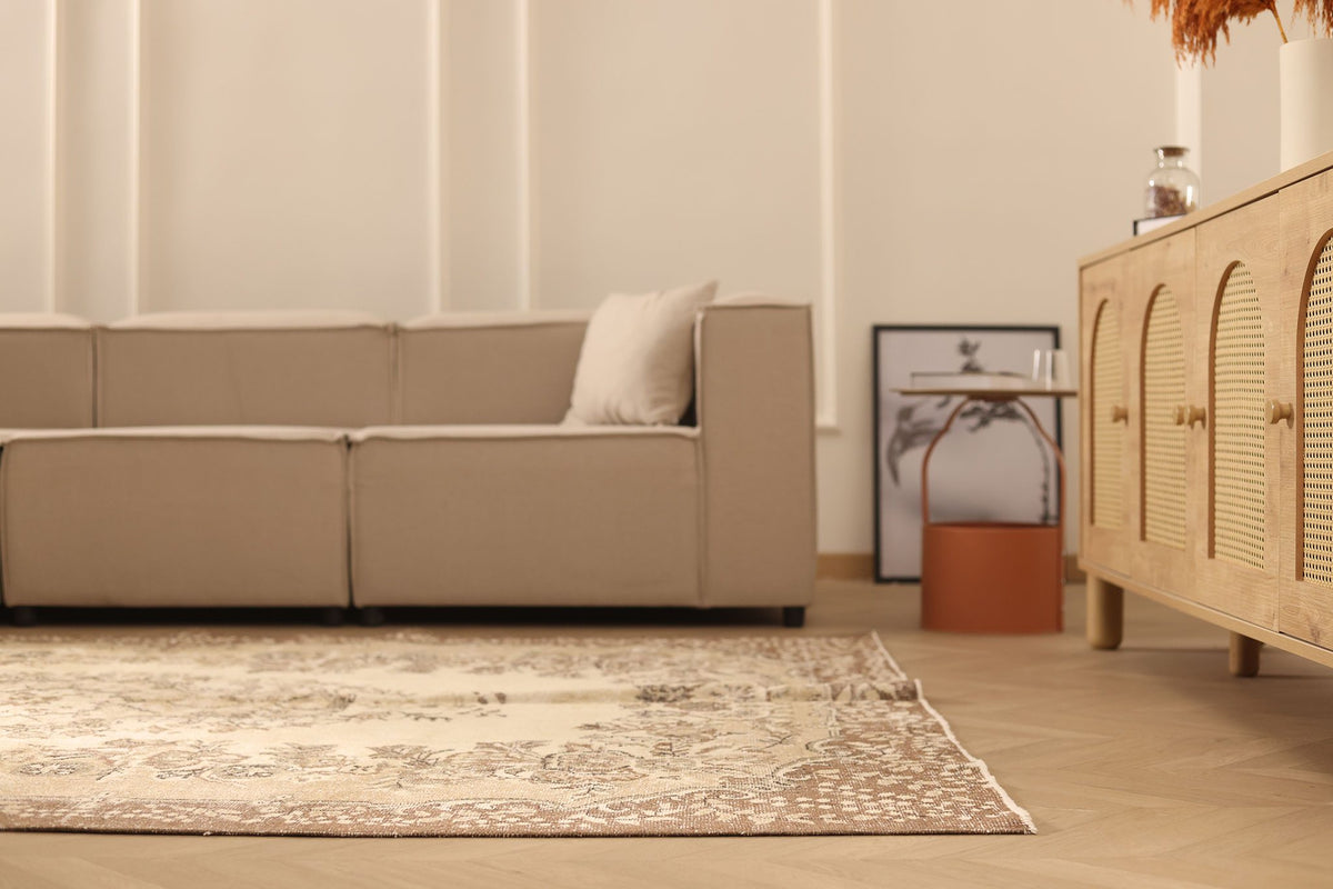 Vintage Isparta Turkish Area Rug 6x9 ft — Beige & Brown Floral