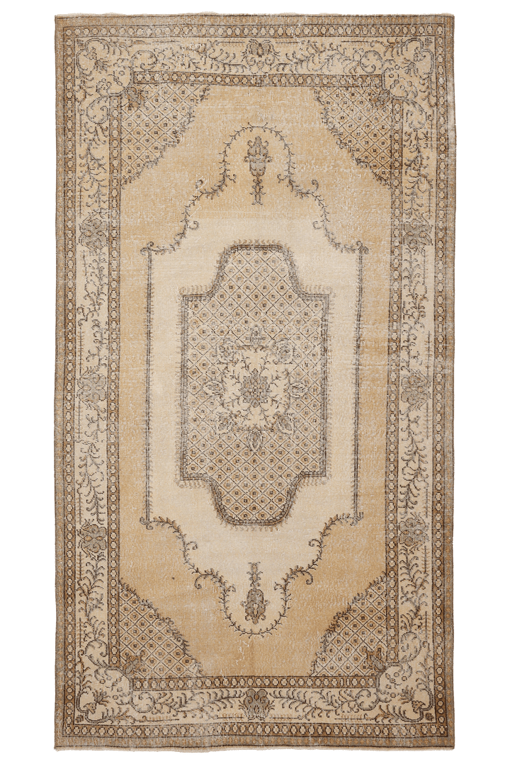 Vintage Isparta Turkish Area Rug 5x9 ft — Beige & Brown Geometric