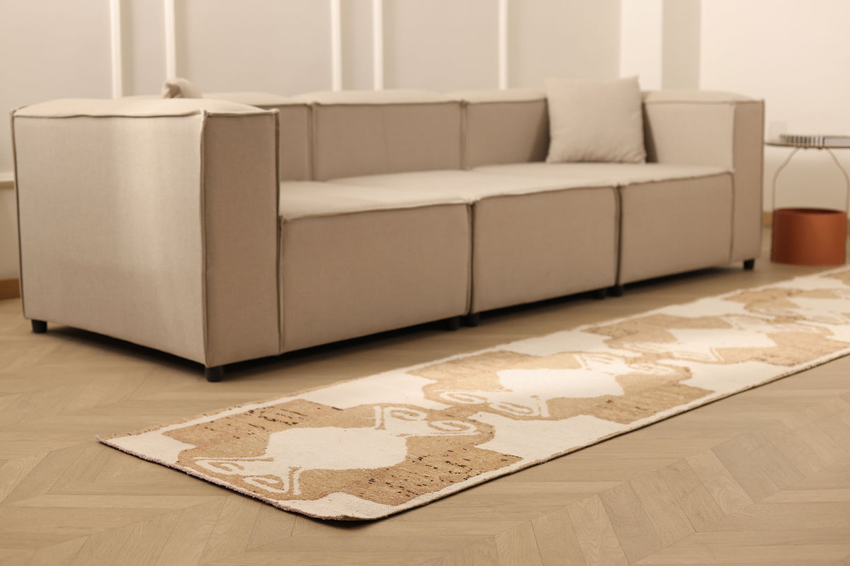 Vintage Malatya Turkish Runner Rug 2x11 ft — White & Brown Geometric (No. 37539)