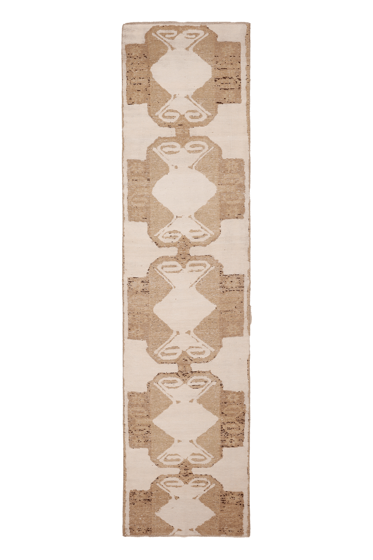 Vintage Malatya Turkish Runner Rug 2x11 ft — White & Brown Geometric (No. 37539)