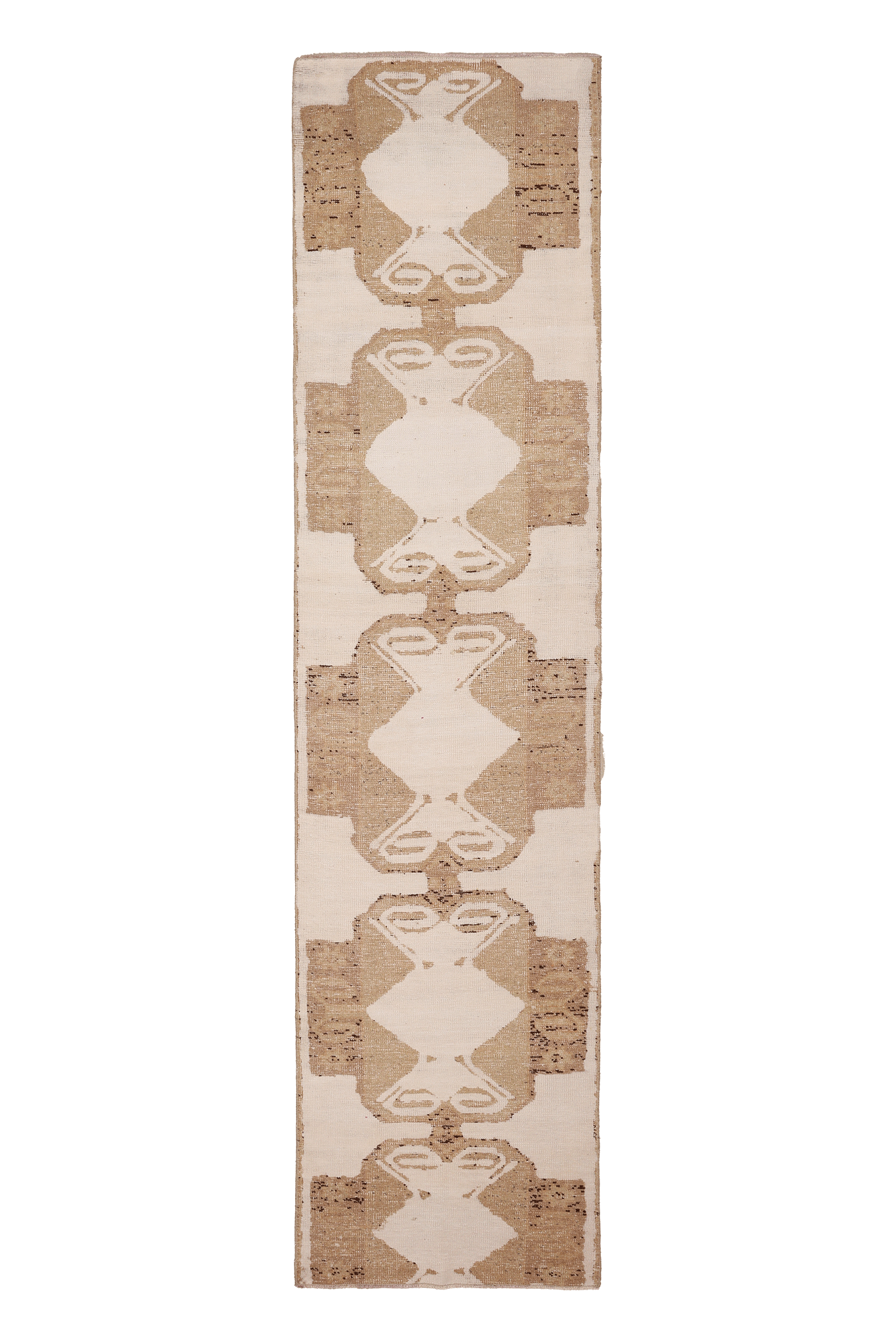Vintage Malatya Turkish Runner Rug 2x11 ft — White & Brown Geometric (No. 37539)