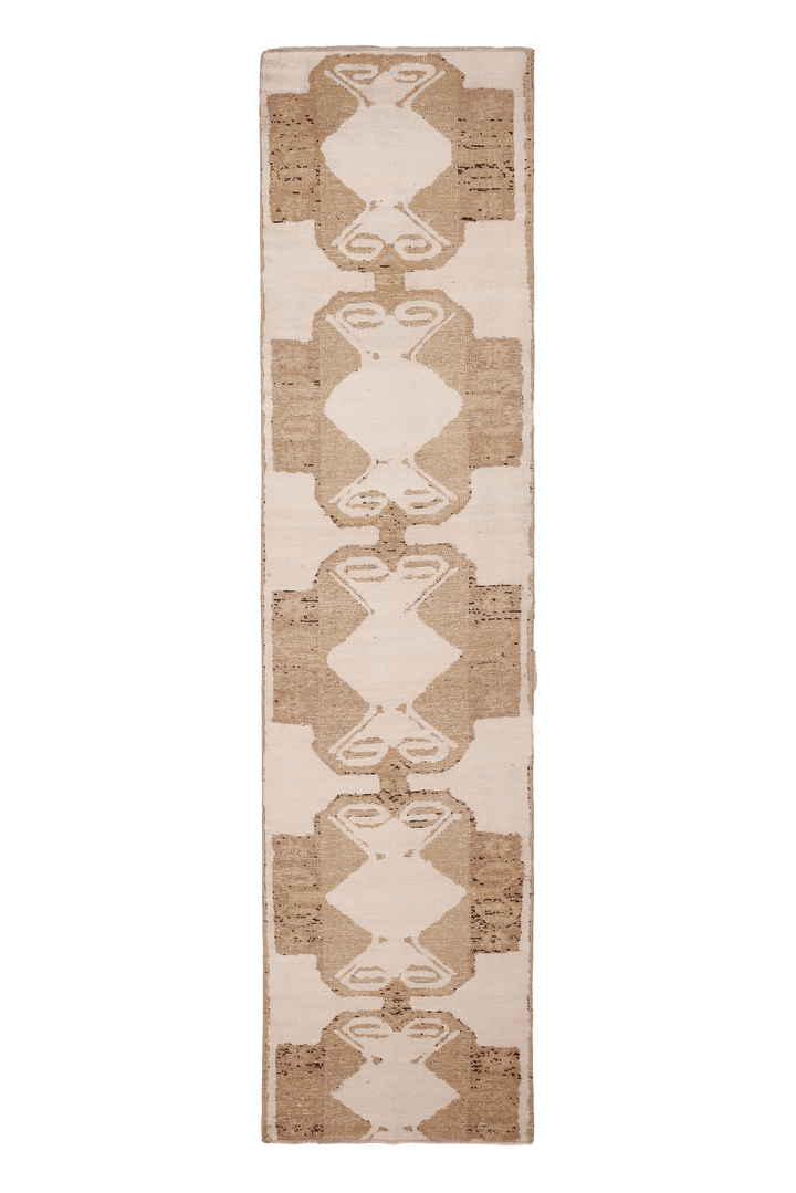Vintage Malatya Turkish Runner Rug 2x11 ft — White & Brown Geometric (No. 37539)