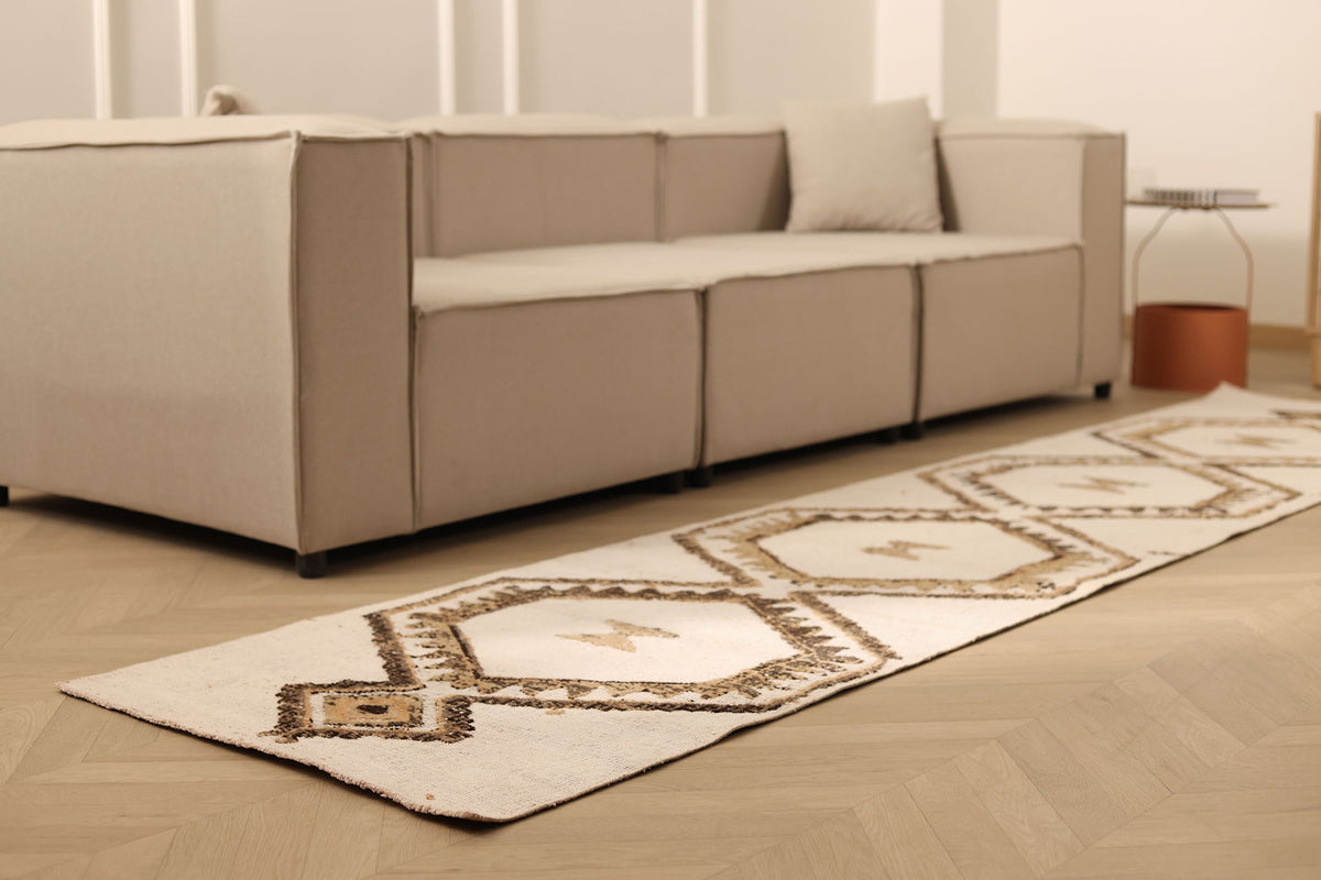 Vintage Malatya Turkish Runner Rug 2x11 ft — White & Brown Geometric