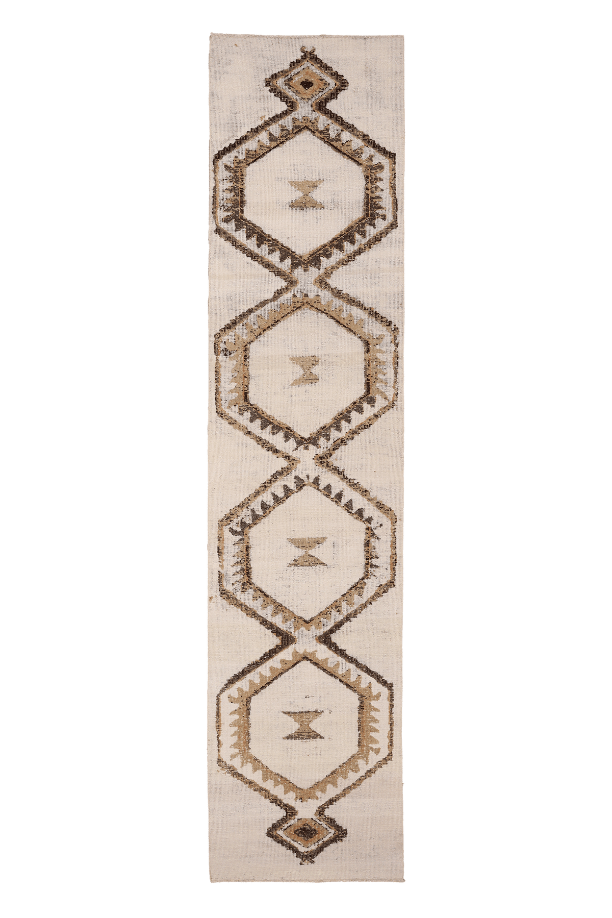 Vintage Malatya Turkish Runner Rug 2x11 ft — White & Brown Geometric