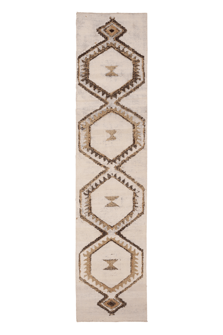 Vintage Malatya Turkish Runner Rug 2x11 ft — White & Brown Geometric