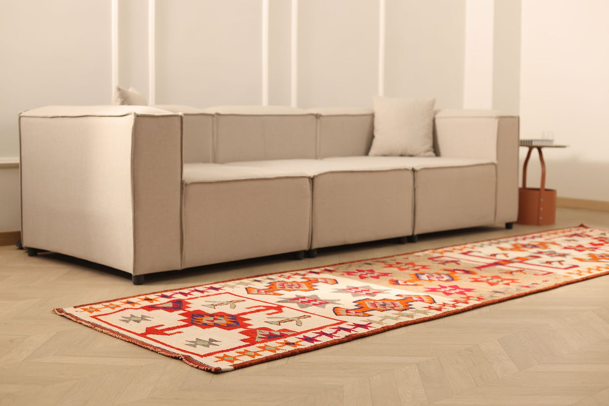 Vintage Southeastern Persian Style Kilim Runner Rug 3x12 ft — Beige & Red Geometric