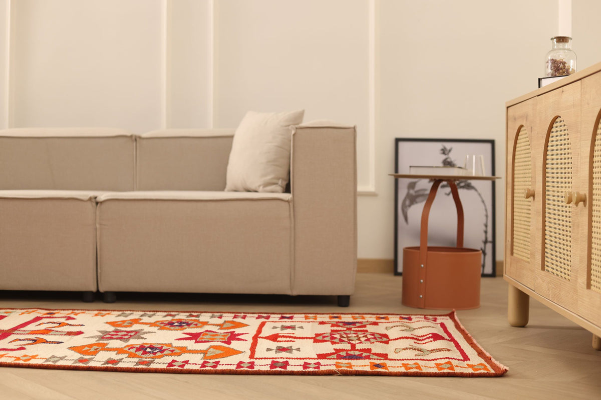 Vintage Southeastern Persian Style Kilim Runner Rug 3x12 ft — Beige & Red Geometric