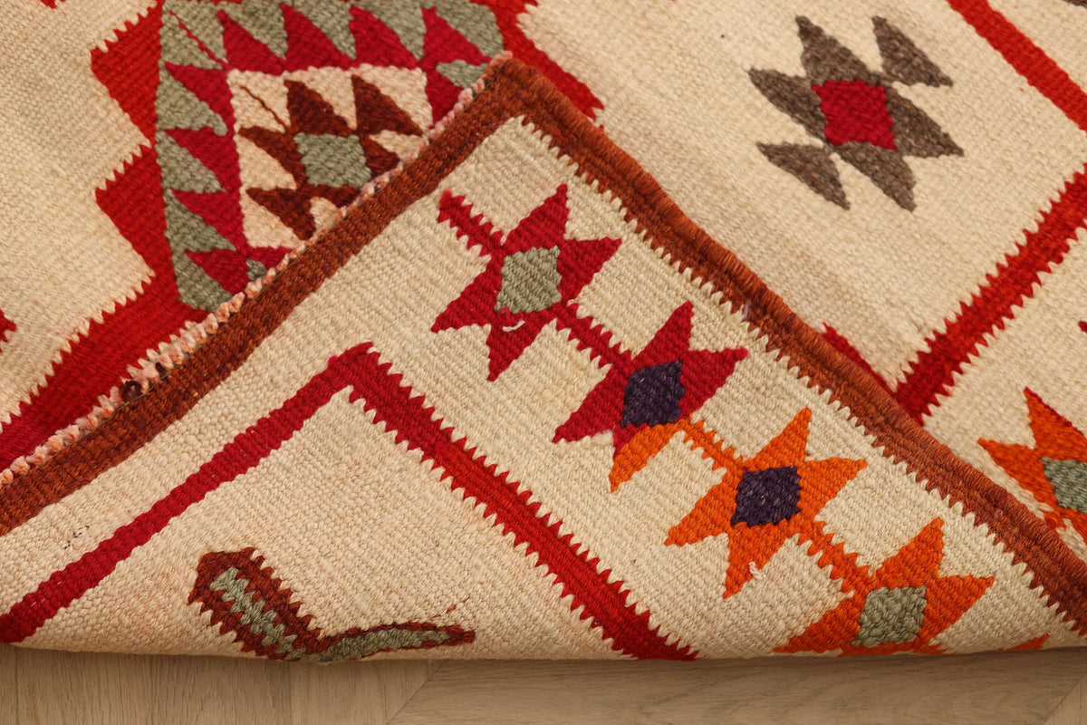 Vintage Southeastern Persian Style Kilim Runner Rug 3x12 ft — Beige & Red Geometric