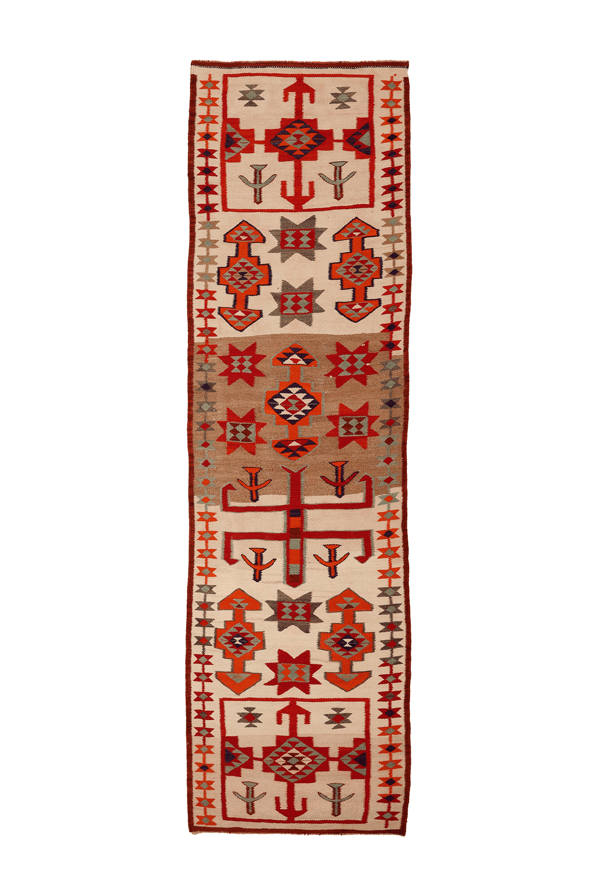 Vintage Southeastern Persian Style Kilim Runner Rug 3x12 ft — Beige & Red Geometric