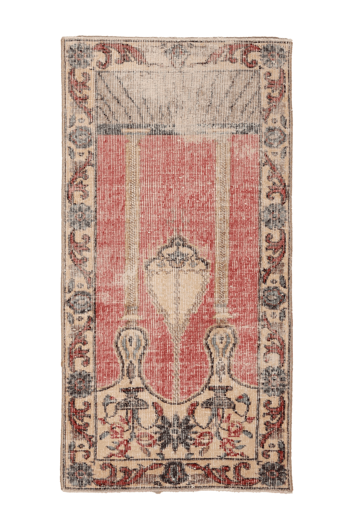 Vintage Nevşehir Turkish Doormat Rug 2x4 ft — Red & Beige Floral