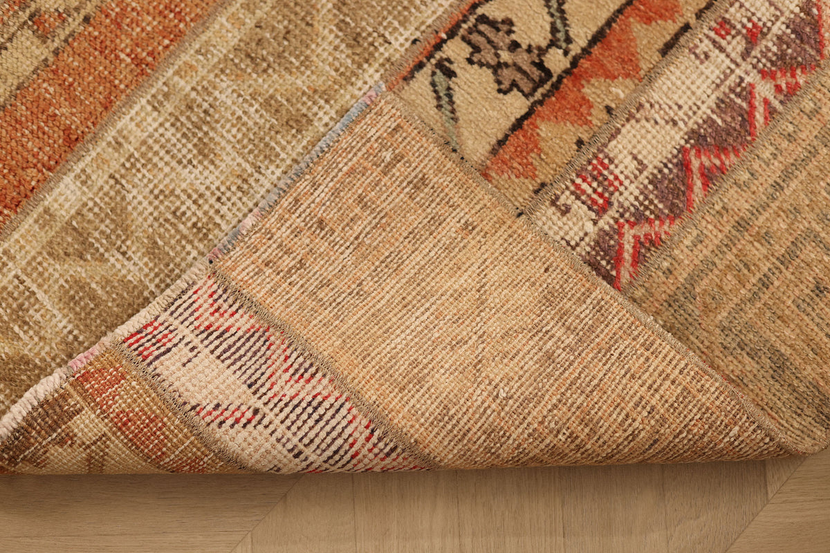 Vintage Turkish Doormat 2x3 ft — Beige & Orange Patchwork