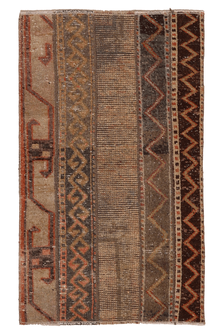 Vintage Turkish Doormat 2x3 ft — Beige & Brown Geometric