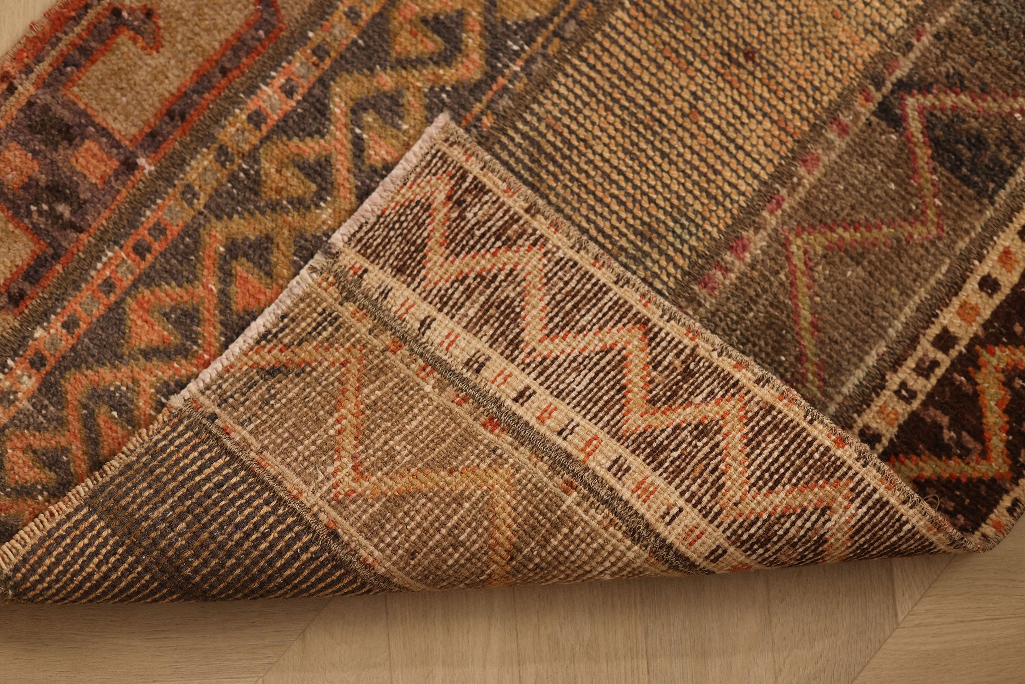 Vintage Turkish Doormat 2x3 ft — Beige & Brown Geometric