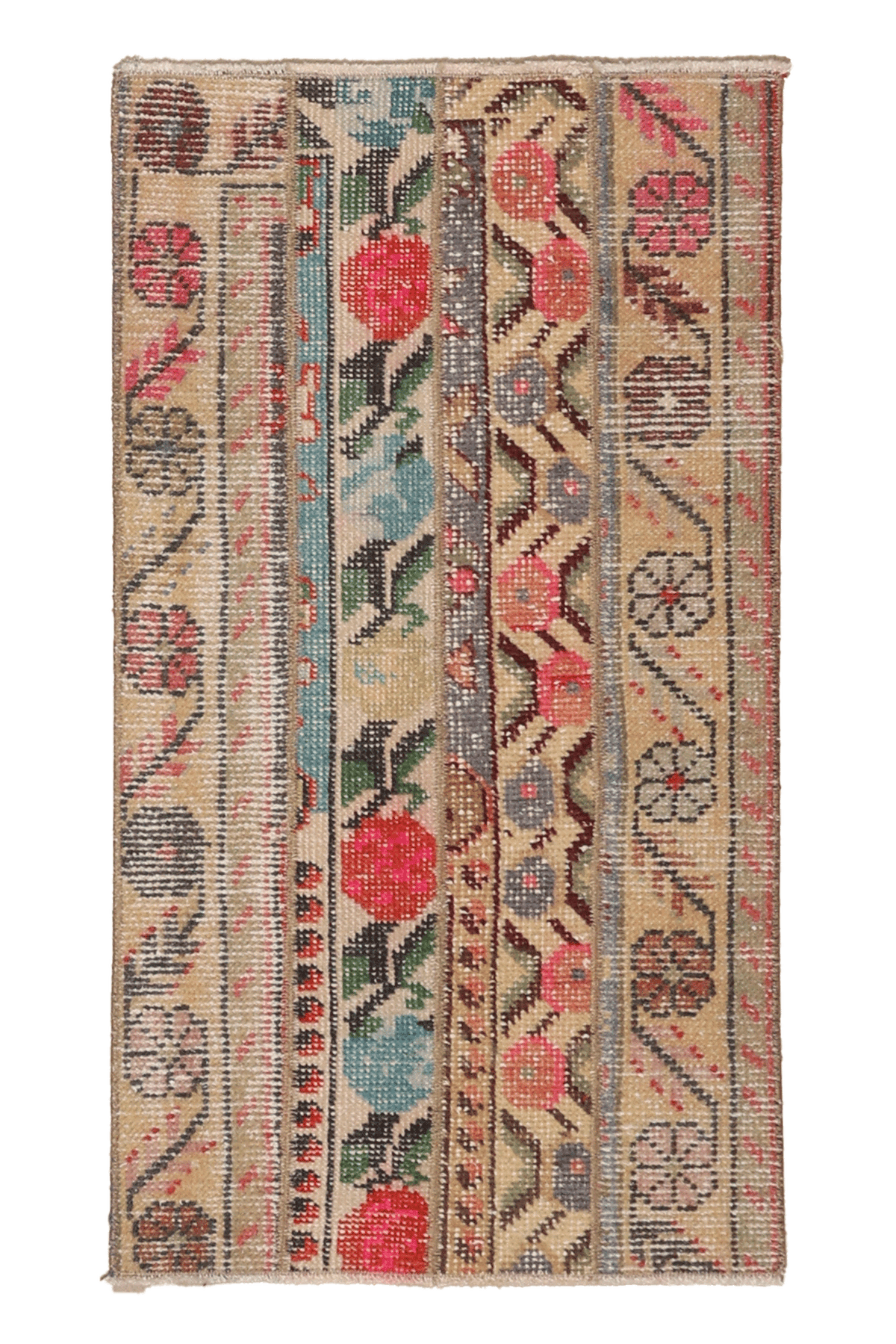 Vintage Turkish Doormat 1x3 ft — Beige & Red Patchwork