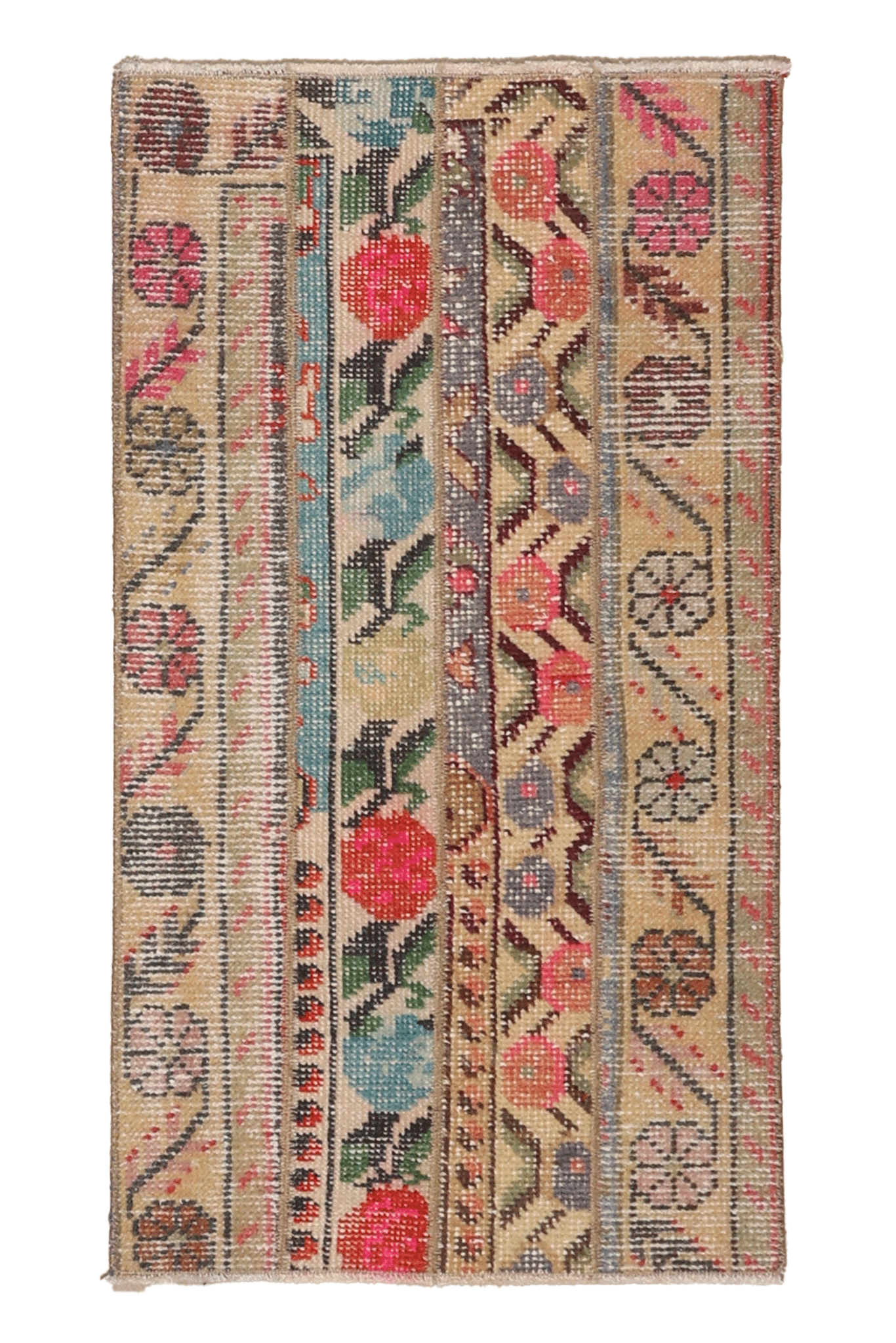 Vintage Turkish Doormat 1x3 ft — Beige & Red Patchwork