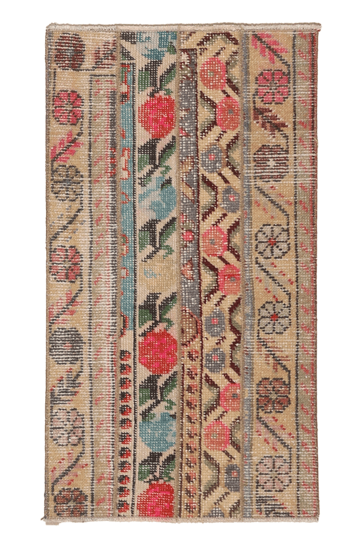 Vintage Turkish Doormat 1x3 ft — Beige & Red Patchwork