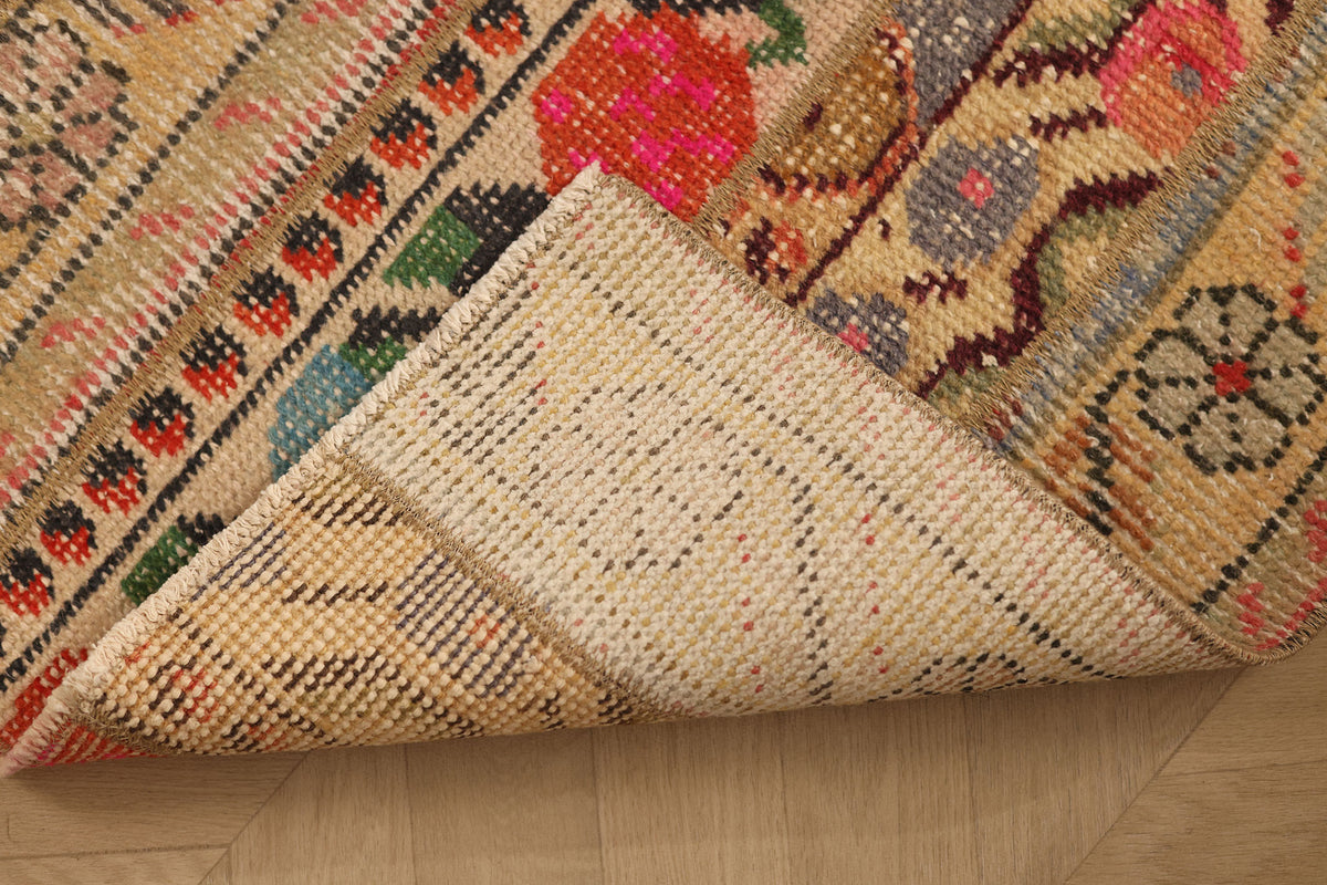 Vintage Turkish Doormat 1x3 ft — Beige & Red Patchwork