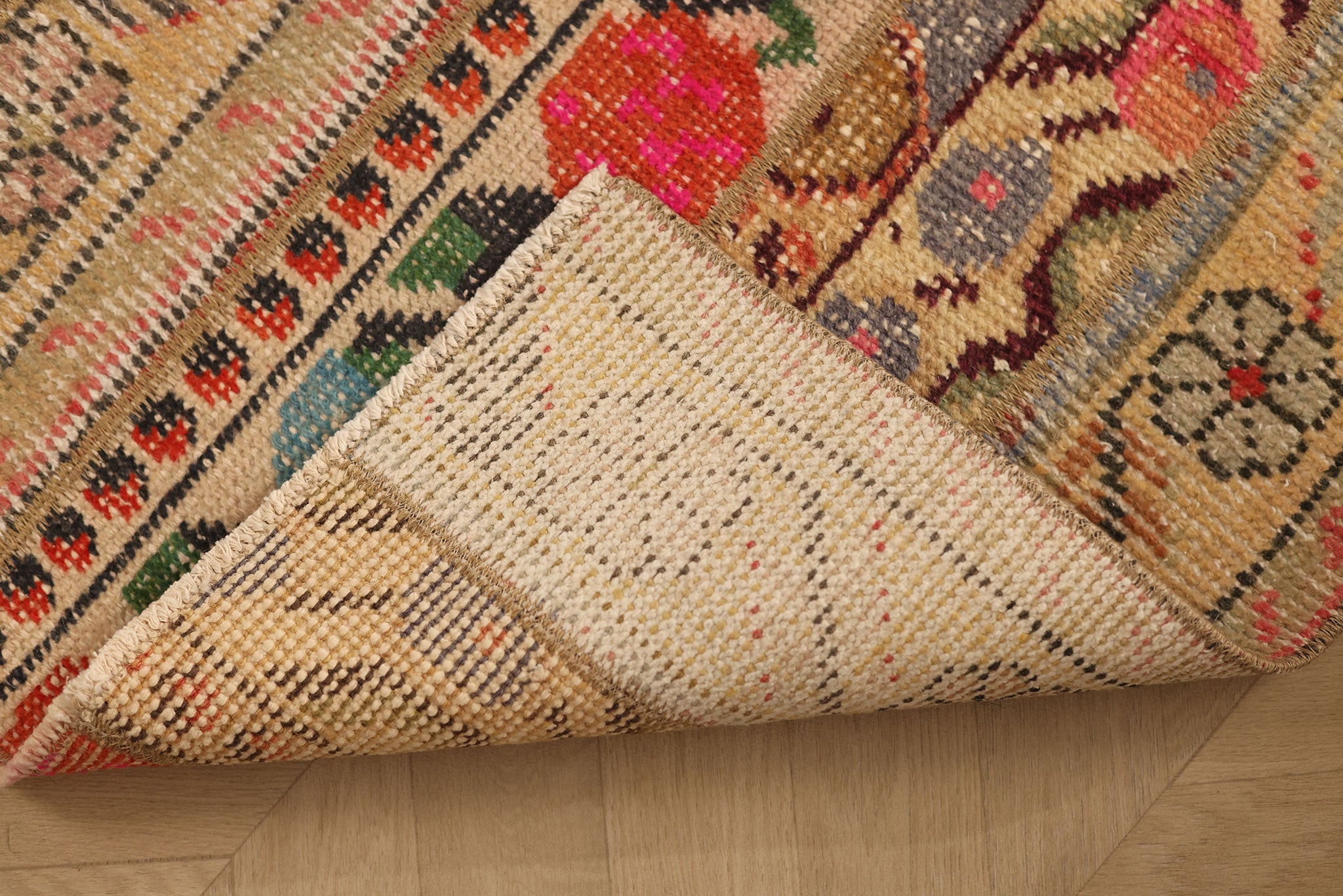 Vintage Turkish Doormat 1x3 ft — Beige & Red Patchwork