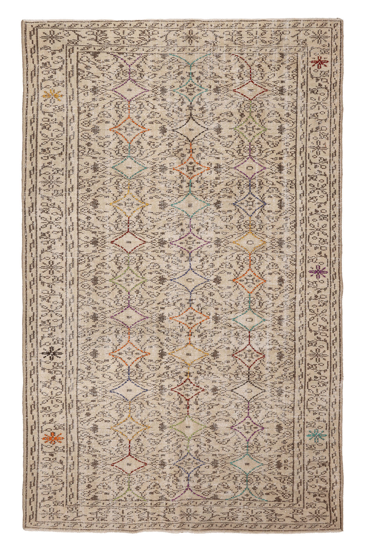 Vintage Manisa Turkish Area Rug 5x8 ft — Beige & Brown Geometric