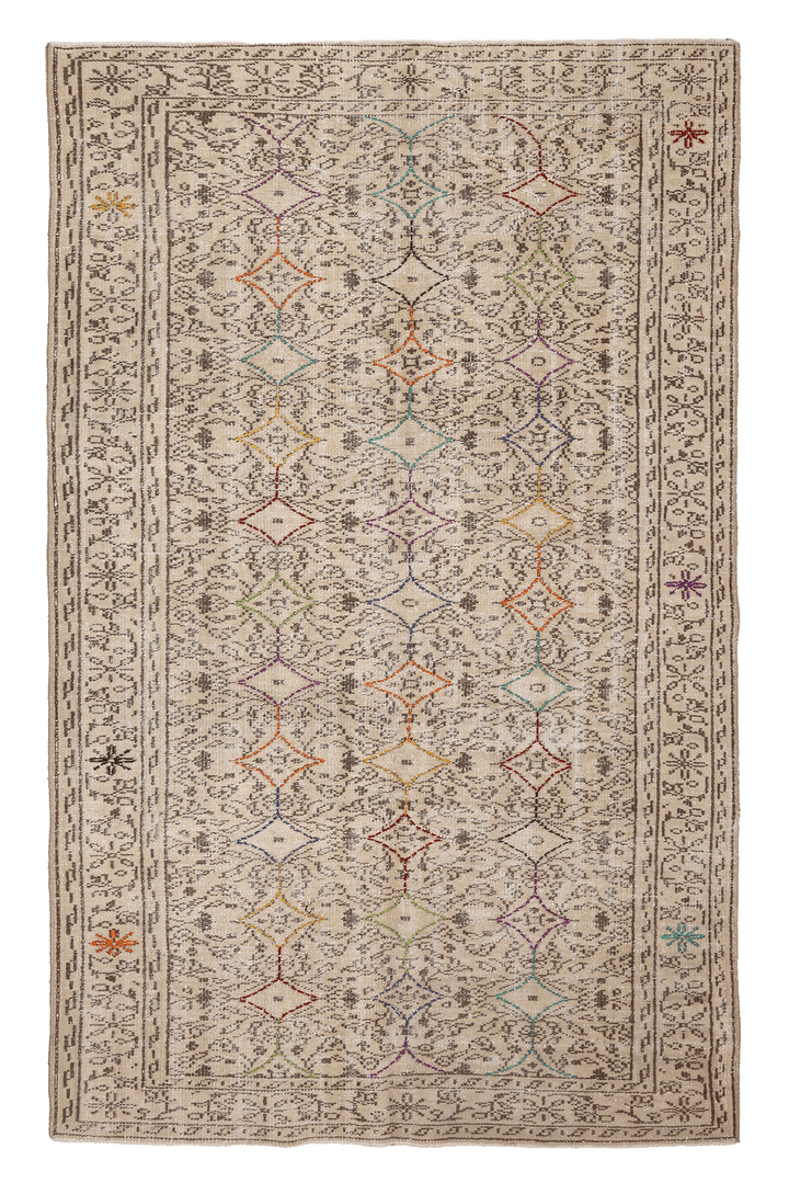 Vintage Manisa Turkish Area Rug 5x8 ft — Beige & Brown Geometric