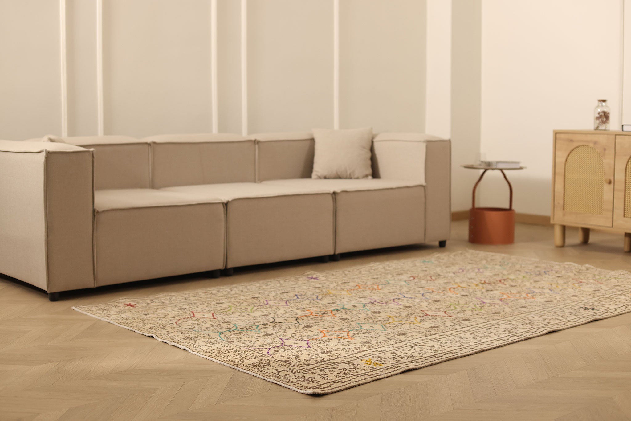 Vintage Manisa Turkish Area Rug 5x8 ft — Beige & Brown Geometric