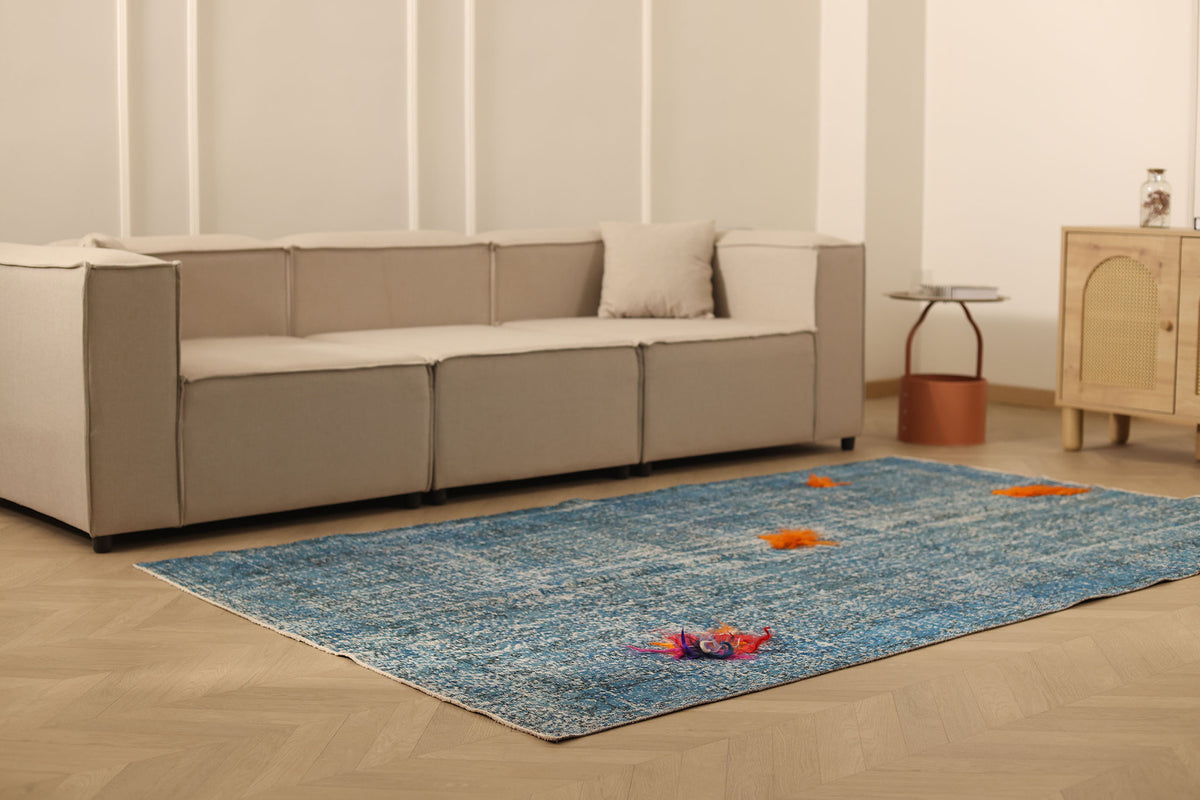 Vintage Isparta Turkish Area Rug 5x8 ft — Blue & Orange Overdyed