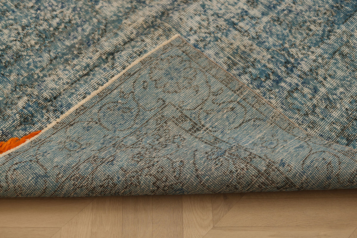 Vintage Isparta Turkish Area Rug 5x8 ft — Blue & Orange Overdyed