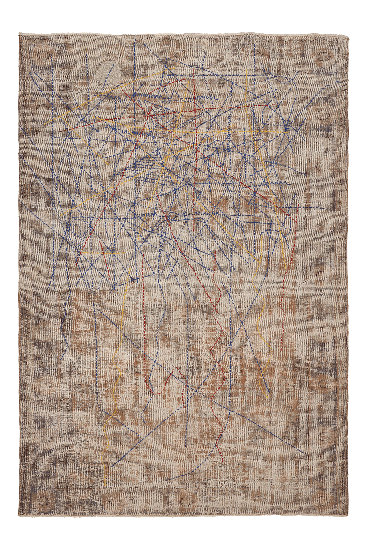 Vintage Manisa Turkish Area Rug 6x8 ft — Beige & Blue Geometric