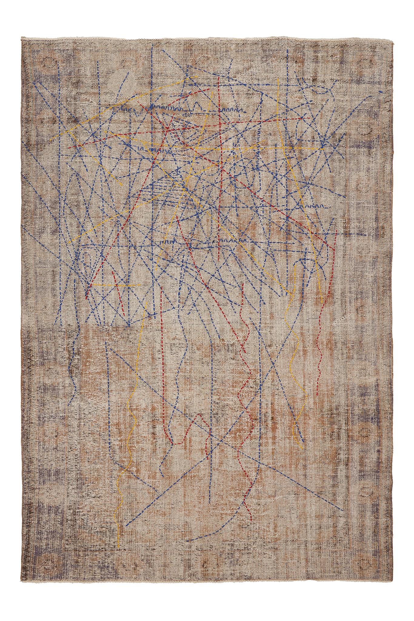 Vintage Manisa Turkish Area Rug 6x8 ft — Beige & Blue Geometric