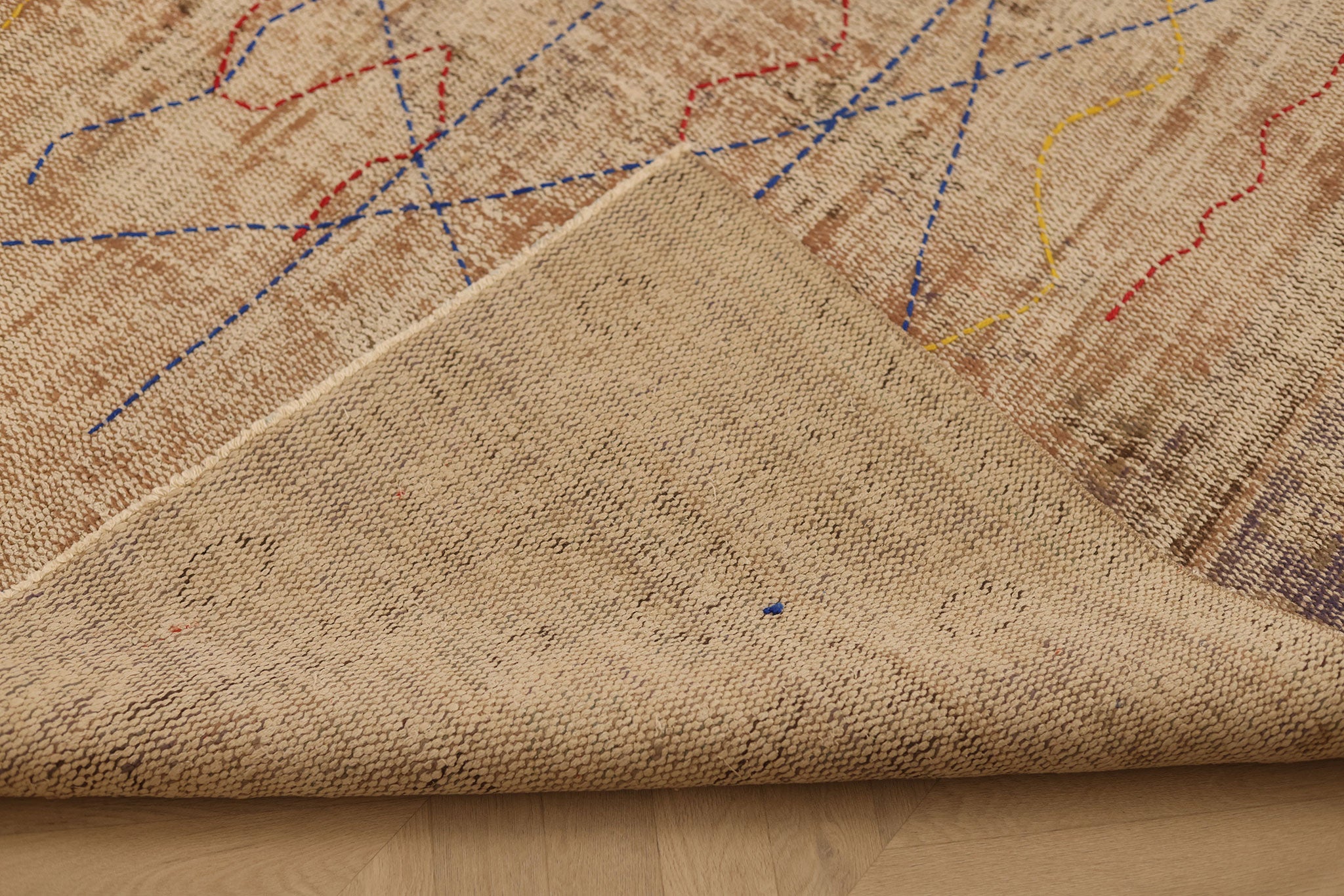 Vintage Manisa Turkish Area Rug 6x8 ft — Beige & Blue Geometric