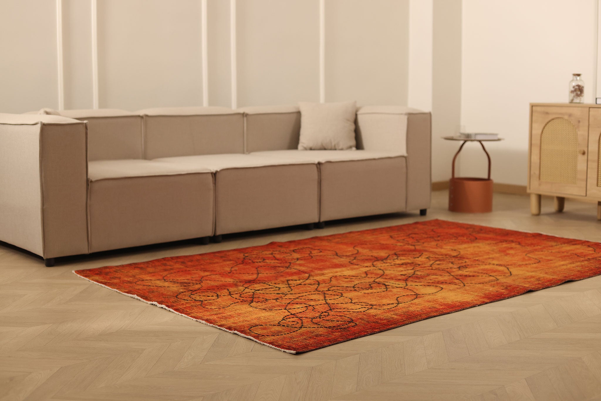 Vintage Manisa Turkish Area Rug 5x8 ft — Orange & Red Overdyed