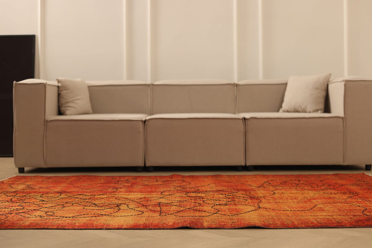 Vintage Manisa Turkish Area Rug 5x8 ft — Orange & Red Overdyed