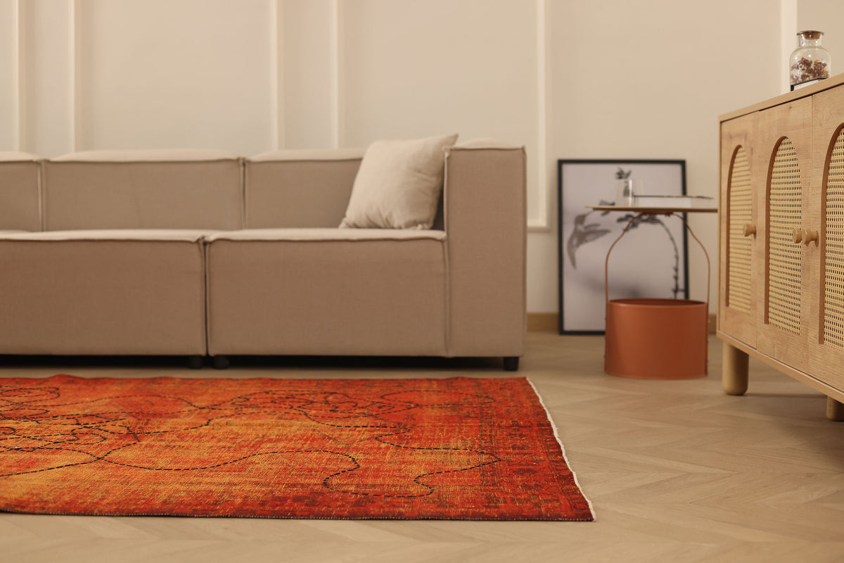 Vintage Manisa Turkish Area Rug 5x8 ft — Orange & Red Overdyed