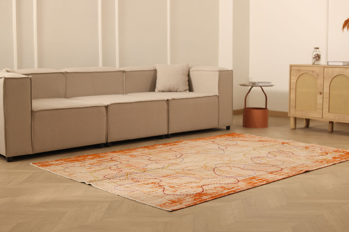 Vintage Manisa Turkish Area Rug 5x8 ft — Orange & Beige Distressed