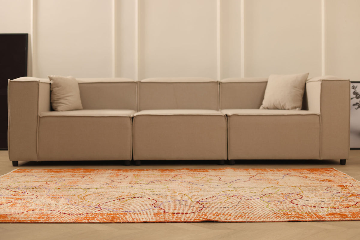 Vintage Manisa Turkish Area Rug 5x8 ft — Orange & Beige Distressed