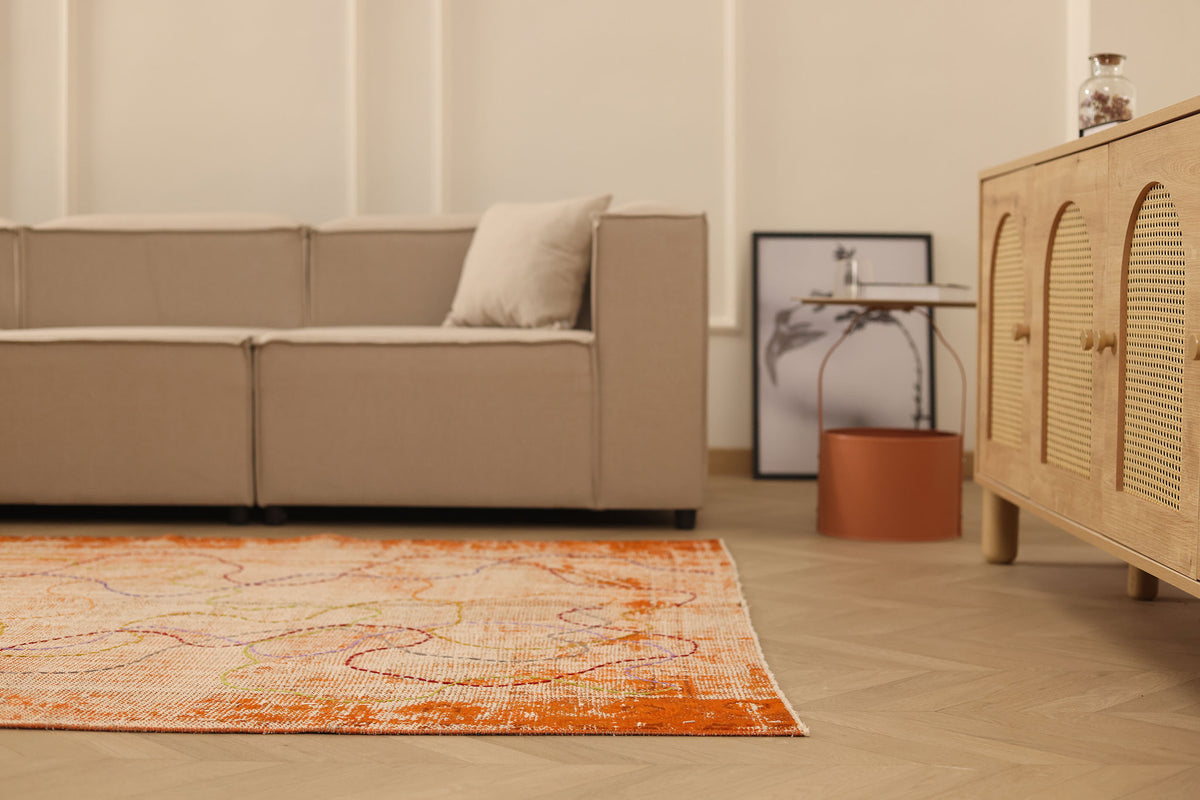 Vintage Manisa Turkish Area Rug 5x8 ft — Orange & Beige Distressed