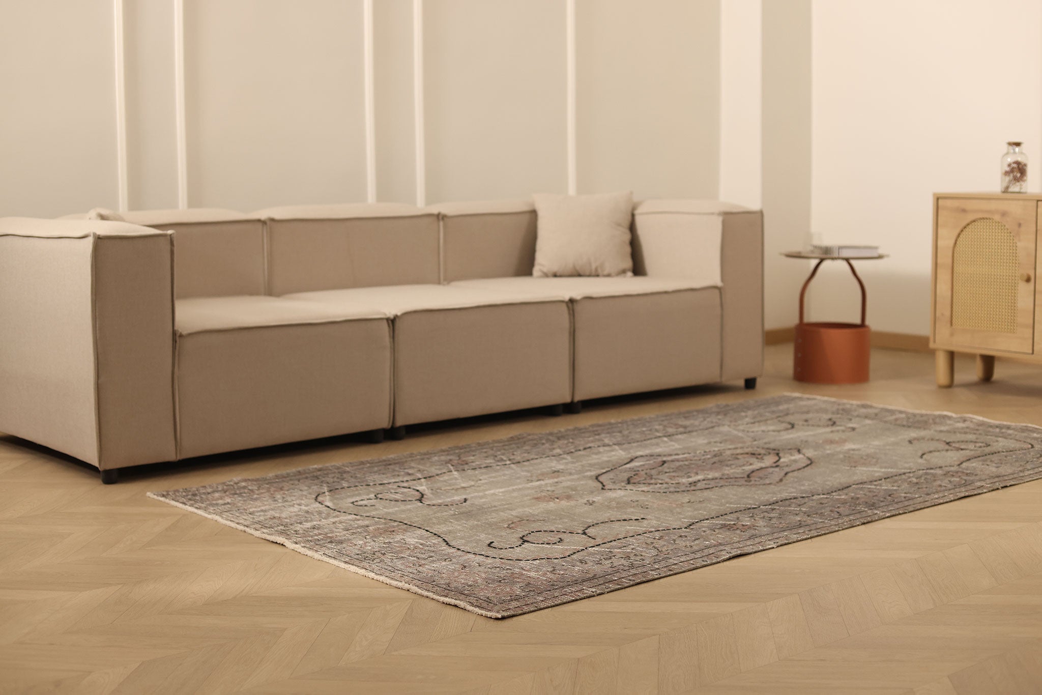 Vintage Manisa Turkish Area Rug 4x8 ft — Beige & Gray minimalist