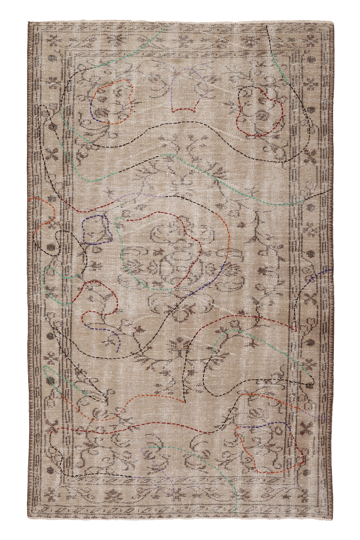 Vintage Manisa Turkish Area Rug 5x8 ft — Beige & Brown Distressed