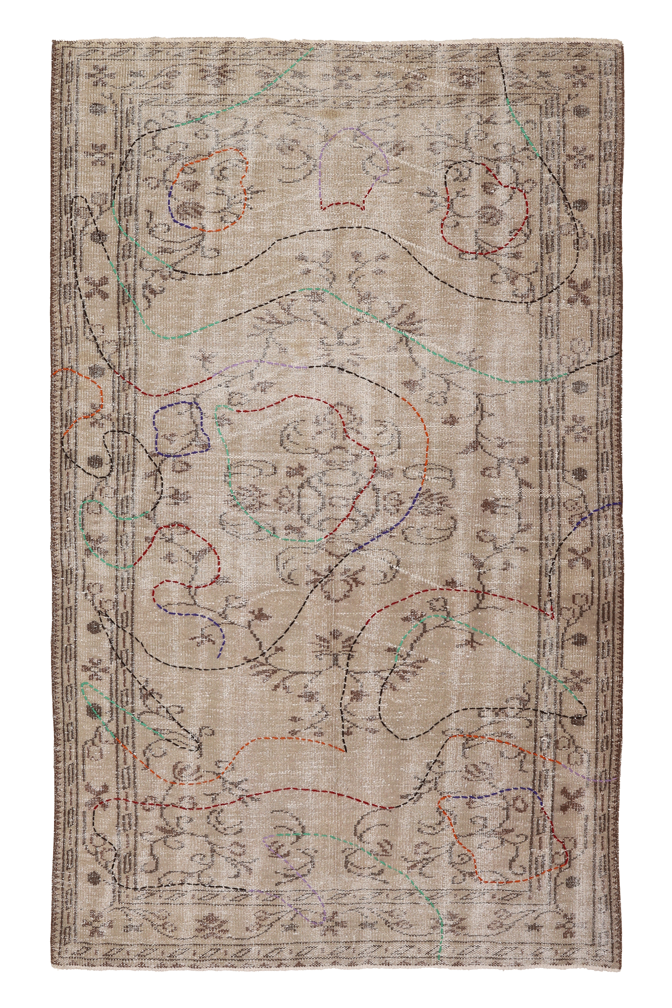 Vintage Manisa Turkish Area Rug 5x8 ft — Beige & Brown Distressed