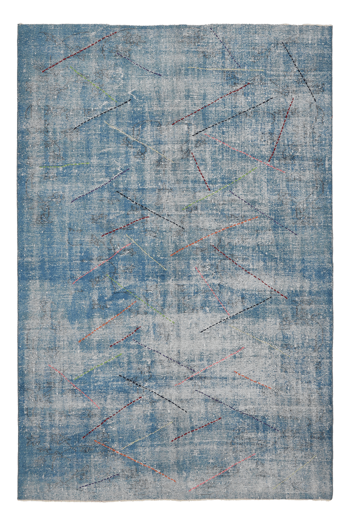 Vintage Manisa Turkish Area Rug 5x8 ft — Blue & Gray Geometric