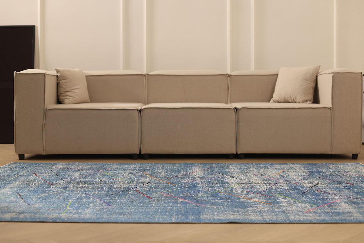 Vintage Manisa Turkish Area Rug 5x8 ft — Blue & Gray Geometric