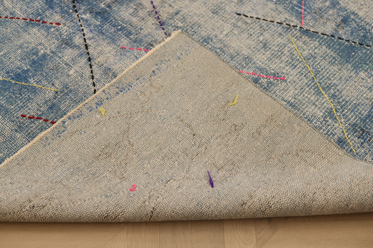 Vintage Manisa Turkish Area Rug 5x8 ft — Blue & Gray Geometric
