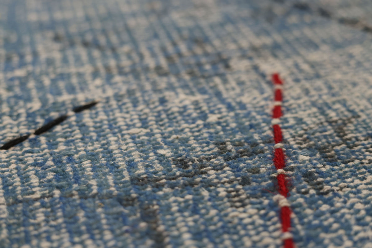 Vintage Manisa Turkish Area Rug 5x8 ft — Blue & Gray Geometric