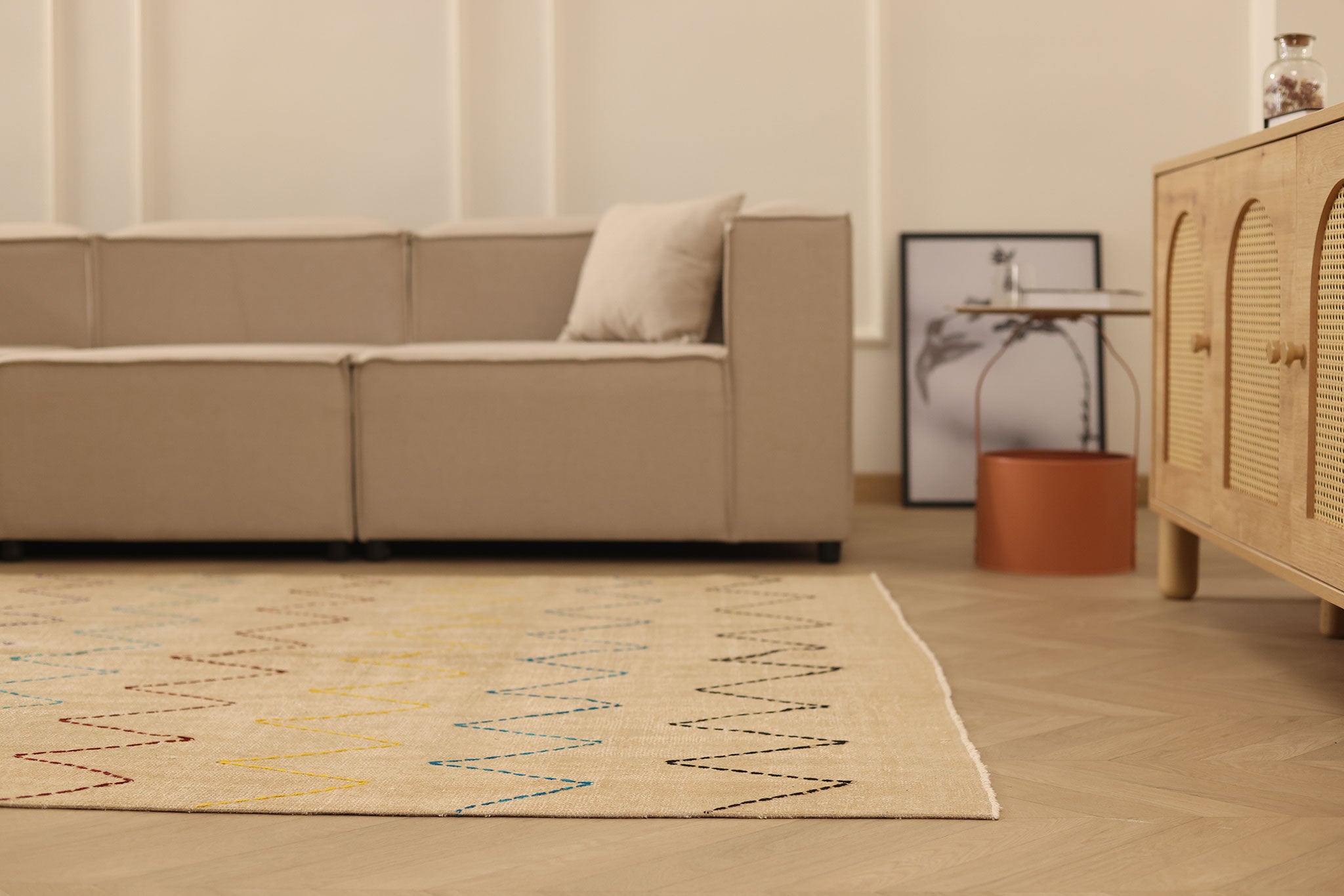 Vintage Manisa Turkish Area Rug 5x8 ft — Beige Geometric