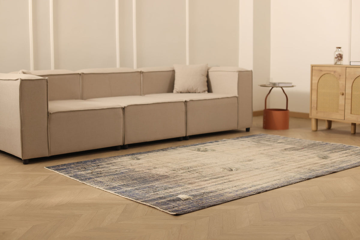 Vintage Manisa Turkish Area Rug 5x8 ft — Beige & Gray Distressed (No. 38277)