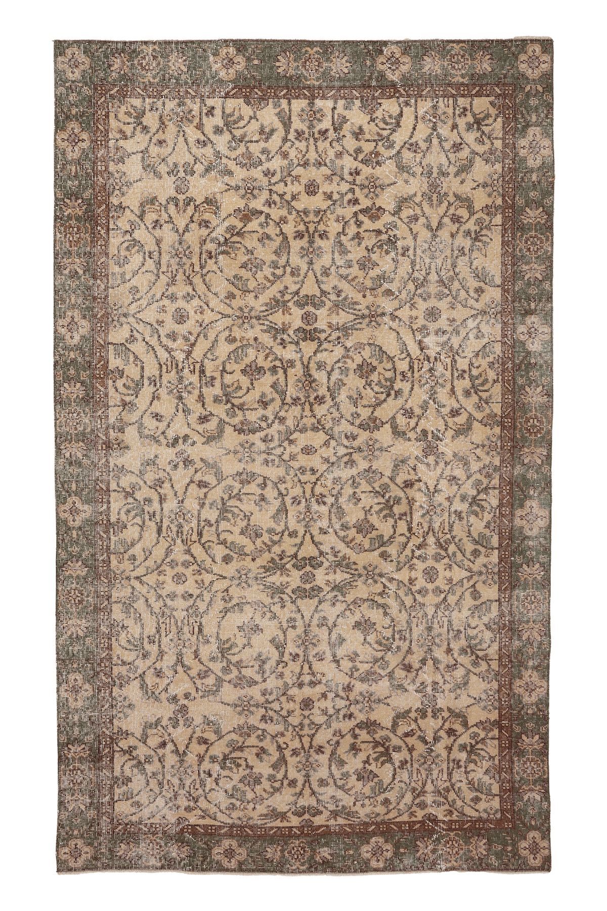 Vintage Isparta Turkish Area Rug 5x8 ft — Beige & Green Floral
