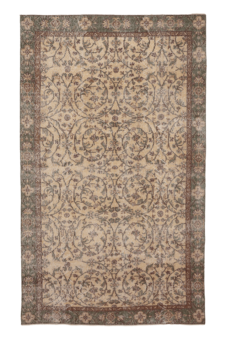 Vintage Isparta Turkish Area Rug 5x8 ft — Beige & Green Floral