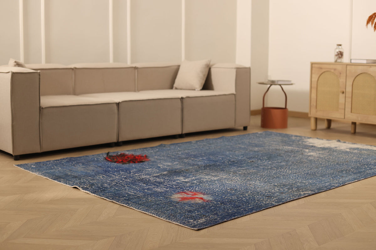 Vintage Isparta Turkish Area Rug 6x9 ft — Blue & Gray Distressed (No. 38286)