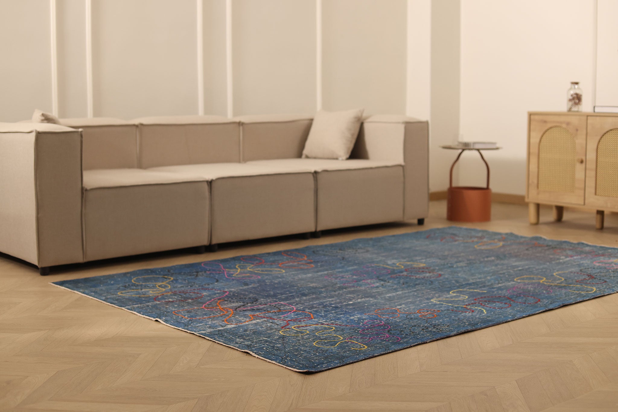 Vintage Isparta Turkish Area Rug 6x9 ft — Blue & Gray Floral
