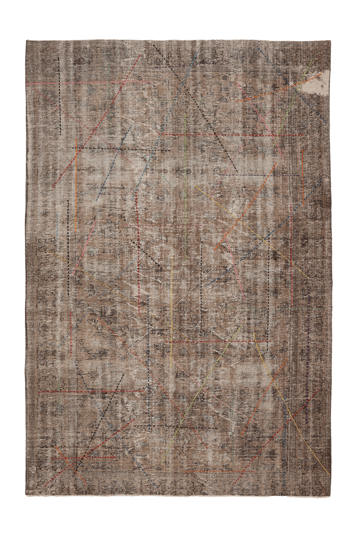 Vintage Manisa Turkish Area Rug 6x9 ft — Brown & Beige Distressed